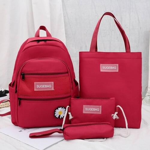 Pretty Style 4Pcs/set Canvas Solid Color Backpacks Women Red School Bags for Teenage Girls Book Bags Student Travel Backpack