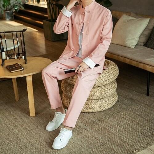Chinese Style Mens Clothes Hanfu Suit Tang Suit Couple Plus Size Jacket Pants Two Piece Set Long Sleeve Stand Collar Coat