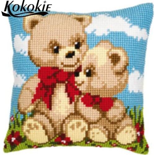 Cartoon bear throw pillow case DIY cushion mat cross stitch set cotton 3d mat sets handmade 3d Embroidery yarn Needlework kits