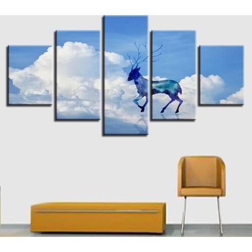 Wall Art Poster Home Decor 5 Pieces Glittering Cloud Deer Landscape Paintings Modular Canvas HD Printed Abstract Pictures Framed