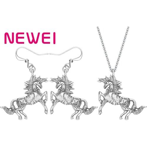 Newei Plated Antique Gold Holy Unicorn Horse Jewelry Sets Big Animal Earrings Necklace For Women Teens Kids Fashion Party Gift