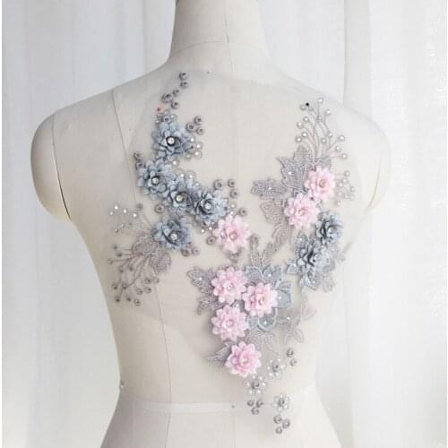 New Applique Pink Gray Nail Drill Mesh Embroidery 3D Flower Lace Fabric Multi-color Childrens Patch