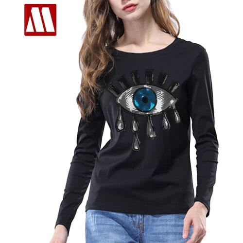 2021 New Summer Fashion Big Eyes Sequin T Shirt Women Cotton Paillette Tears T-Shirt Casual Plus Size Women Tops B0008 S-4XL