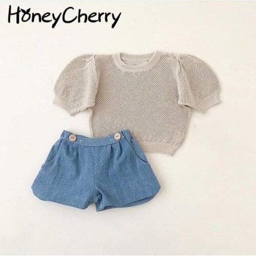 2021 new girls short-sleeved tops summer baby puff sleeve hollow clothes girls sweater baby girl clothes