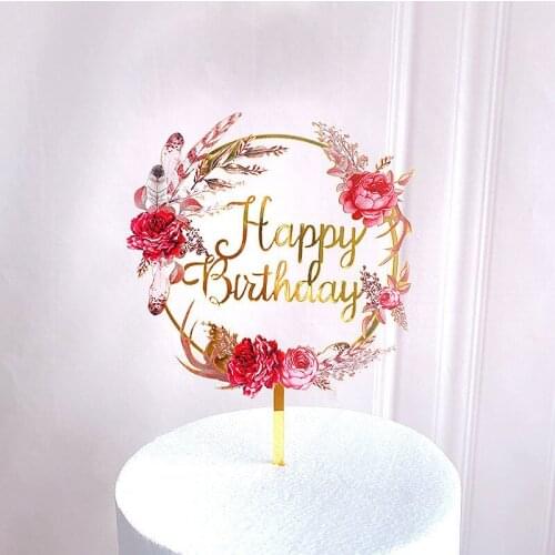 New Flowers Happy Birthday Cake Topper Acrylic Cute Gold Cake Topper For Kids Birthday Party Cake Decorations Dessert Supplies
