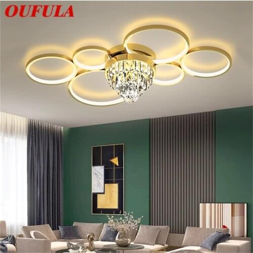OUFULA Round Brass Ceiling Light Modern Creative Luxury Crystal Lamp LED Fixtures Decorative For Home
