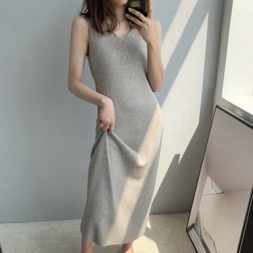 RZIV Womens Sweater Dress Sleeveless V-Neck Solid Color Vest dress Casual Knit Strap Dress For Daily Wearing