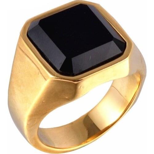 Simple Mens Black Square Gem Stone Gold Tone 316L Stainless Steel Ring Mens Jewelry High Quality
