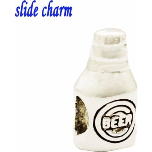 Slide charm Free shipping fashion gift black and white beer bottle charm beads fit Pandora bracelet