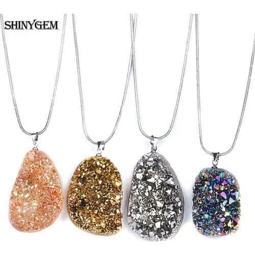 ShinyGem DIY Irregular Opal Mineral Crystal Druzy TRENDY Pendant Necklace Chakra Big Natural Gem Stone Necklaces For Women