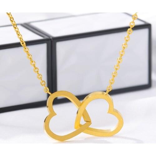 V Attract Double Heart Lariat Pendant Necklaces For Women Love Wedding Jewelry Stainless Steel Link Chain Bijoux Femme Collier