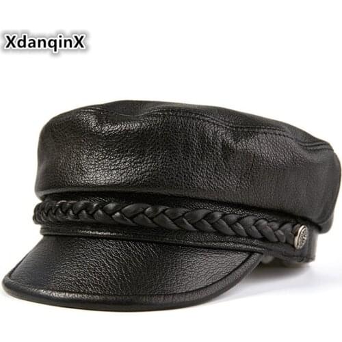 XdanqinX Genuine Leather Hat Elegant Womens Army Military Hats Autumn Mens Flat Cap Sheepskin Leather Black Brand Snapback Cap