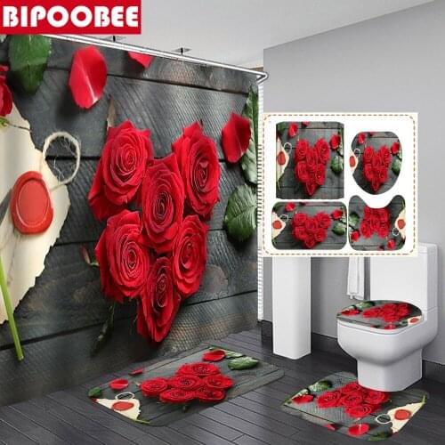 Love Roses Flowers Shower Curtain Bathroom Curtains Non-Slip Pedestal Rug Toilet Cover Bath Mats Set Valentines Day Decoration