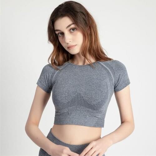 Women Seamless Yoga Shirt Quick Dry Midriff Workout Gym Crop Tops Short Sleeve Sport T-shirts Elastic Running Fitness Top Blouse