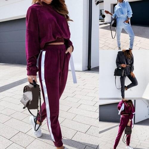 Women Autumn Long Sleeve Velvet Hoodie Crop Top Pants Sports Tracksuit Outfit Womens Casual Sport Suit Running Pants and Tops