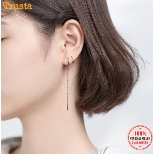 Trustdavis Genuine Fashion 925 Sterling Silver Black Chain Stick Linked 7.3cm Earring For Women Girl Friend Jewelry Gift DS2488