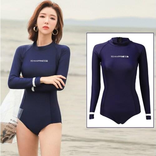 Womens One-piece Solid Navy Swimsuit Maillot Long Sleeve Monokini Bathing Suits Sun UV Protection Beachwear Surf Suit Back Zip