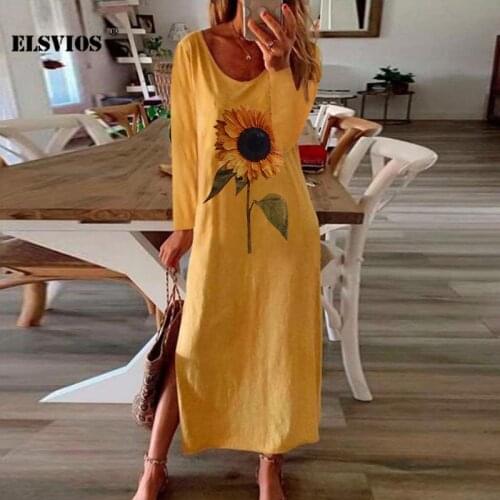 Casual Fashion Autumn Women O Neck Sunflower Print Long Dress Sexy Split Long Sleeve Pencil Dress Elegant Pullover Party Vestido