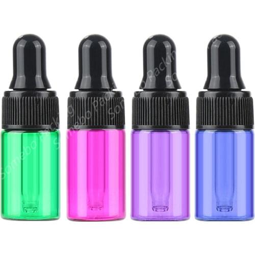 100pcs/lot 1ml, 2 ml, 3ml Dropper Bottle, Green, red, purple, blue glass sample bottle for Cosmetic Essential Oil Bottles