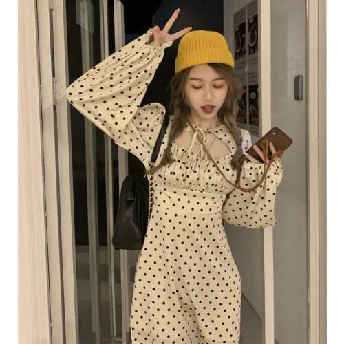2021 French niche hollow design polka dot skirt long-sleeved waist slimming lantern sleeve dress