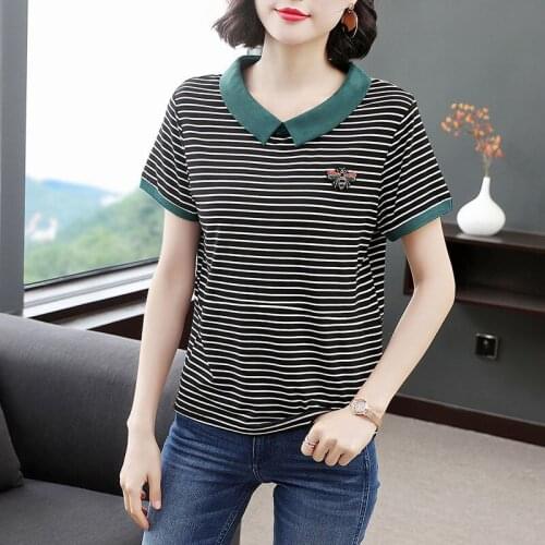 2021 Summer Women Fashion Short Sleeve Turn-down Collar Striped Embroidery T Shirt 4XL Plus Size Casual Tops Camiseta Mujer