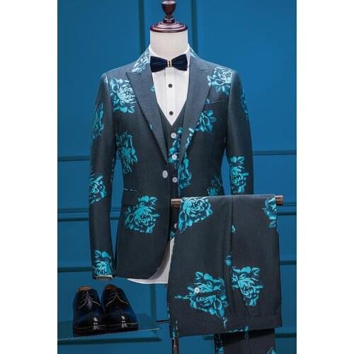Free Shipping Men Slim Fit Suit Fashion mens three-piece FlowerTwo Buttons Blazer Groom Wedding Tuxedos (Jacket+Pants+vest)