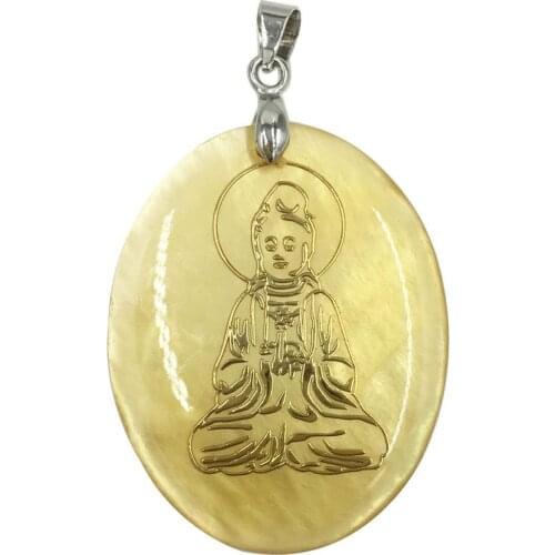 Free Shipping Women Fashion Jewelry Beautiful Yellow Mother of pearl Shell Oval Guanyin Pendant Bead 1Pcs C8393