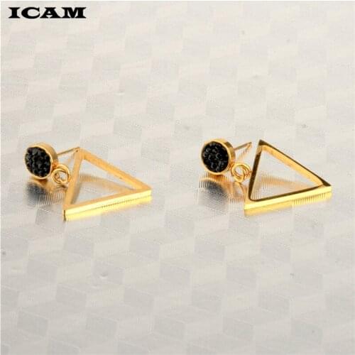 ICAM 2019 New Fashion Stud Earrings Black Stone Geometric Earrings Round Triangle Design Punk Stainless Steel Jewelry Brincos