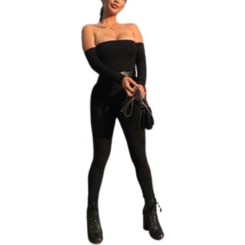 Women Jumpsuit Off-the-shoulder Full Length Regular Sleeve Slash Neck Solid Color Skinny Elegant Fashion Slim Fitting Bodycon