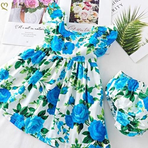 Newborn Toddler Baby Girls Clothes Sets Summer Blue Flroal Shortsleeve Dress+underwear 2Pcs Outfit Newborn Infant Clothing 0-24M