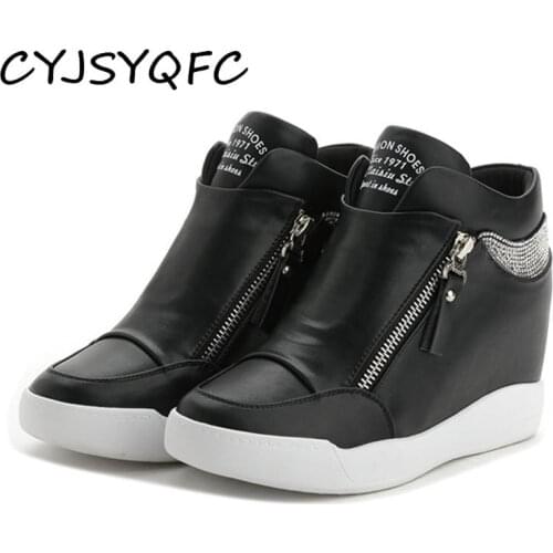 CYJSYQFC New Women Wedges Sneakers Side Zipper Thick Bottom Internal Increase White Shoes Sequins Flat Platform Vulcanized shoes