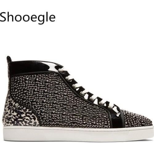 Fashion Rhinestone Stud Casual Men Shoes patchwork Lace Up High Top Sneakers Mens Black Sneakers