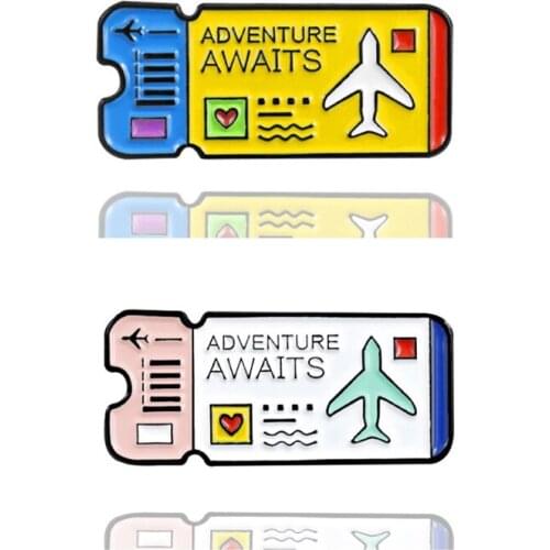 Cartoon Travel Airline Tickets Brooches Adventure Awaits Enamel Pin Shirt Jackets Backpack Lapel Pins Button Badge Jewelry Gift