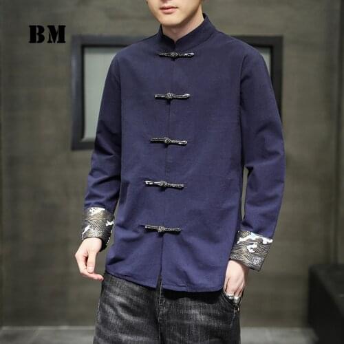 Chinese Style Plus Size Tang Suit Coat Cotton Linen Stand Up Collar Shirt Men Clothing 2021 Spring Autumn Harajuku Tops Male