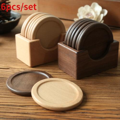 6 Pieces Wooden Coasters Set Black Walnut Solid Wood Round Table Mat Heat Insulation Pad Box Bottom Holder