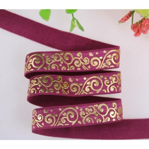 New design!! 5/8" gold foil swirl printed fold over elastic 275 wine foe elastic ribbon,50 yards/lot wholesale
