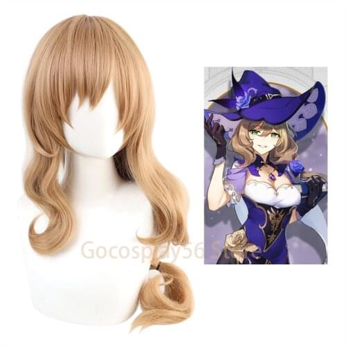 Genshin Impact Traveler Lisa Wig Cosplay Blonde Long Curly Bangs Body Wave Heat Resistant Hair Adult Halloween Role Play