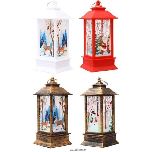 Christmas Vintage Lighted Lantern Cartoon Santa Snowman Reindeer Pattern Candle Lamp Candlestick Xmas Tabletop Decor wholesales