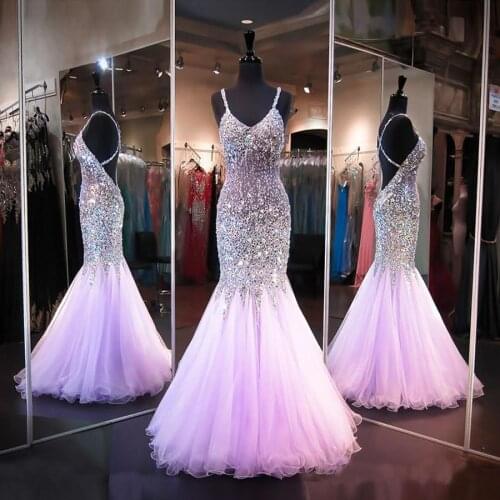 Sexy Backless Sheer Bodice Crystal Beaded Mermaid Prom Dresses 2020 Custom Made Floor Length Tulle Evening Gown Party Dress