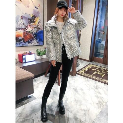 Silver Sequins Cotton-padded Jacket Street Fashion Hooded Single-breasted Parka Coat Winter Clothes Women 2020