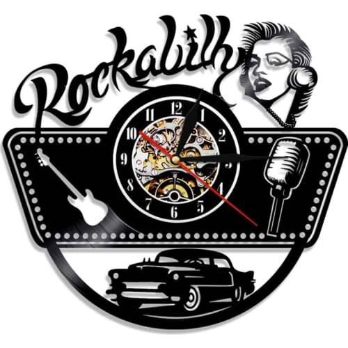 Rockabilly Vintage Car Guitar 80s Retro Gramophone Record Wall Clock Country Rock Album Vinyl Record Wall Clock Music Artwork