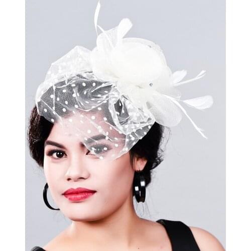 Women Fancy Feather Fascinator Hats Black Birdcage Veil Wedding Hats and Fascinators White Net Hair Accessories for Bridal Woman