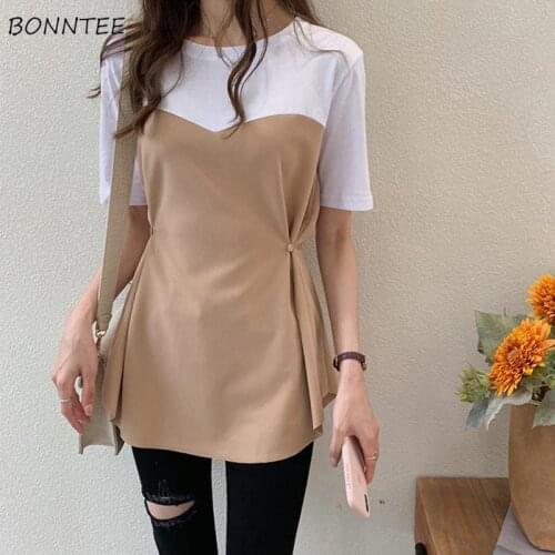 Women T-shirts O-neck Patchwork Button Fake Two Piece Designer Elegant Streetwear Fashion Korean Style Soft Casual Females Chic