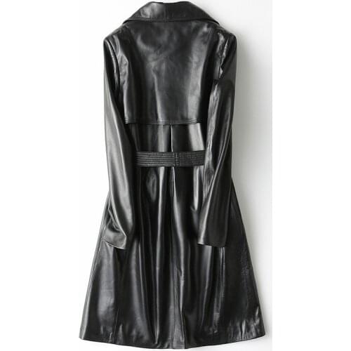 Brand Elegant Sashes Belt Real Long Coats Women Luxury Genuine Sheep Leather Trench Jackets Black Slim Fashion Clothes
