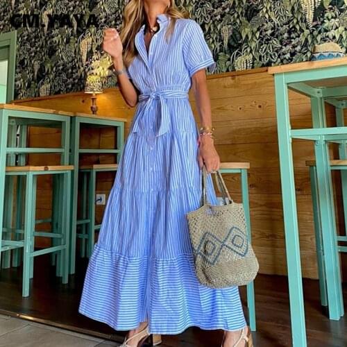 CM.YAYA Women Long Dress Striped Short Sleeve Turn-down Collar Single Breasted Bandage Sashes A-line Maxi Dresses Summer Outfits