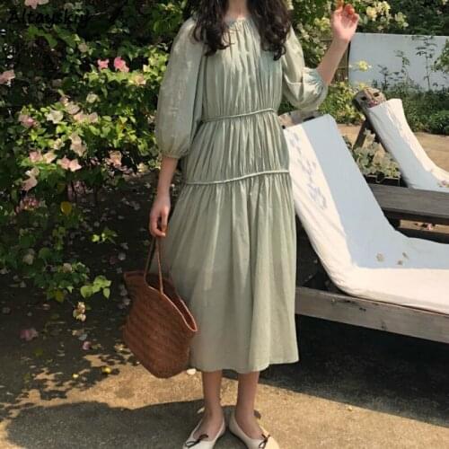 Dress Women Loose Pleated Solid Yellow Green Fashion Dresses Streetwear Womens Korean Style Soft All-match Regular Elegant Chic