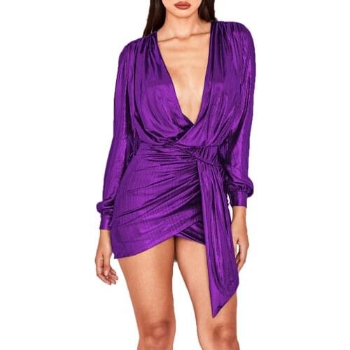 Women Sexy Gilding Deep V Long Sleeve Pleated Drape Irregular Bodycon Mini Dress new