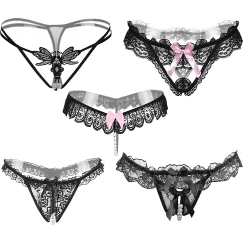 Ixuejie 5pcs/lot 5 Style Black Color Pearl Women Underwear Sexy G String Lace Thongs Low Waist Panties