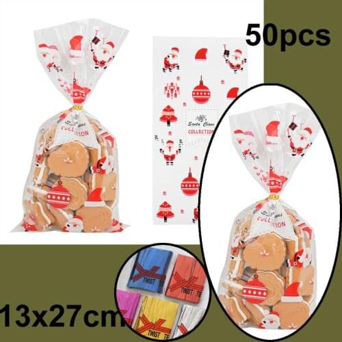 50pcs Santa Claus Christmas Tree Elk PVC Bags Transparent Clear Gift Bag for Christmas Gift Baking Candy Cookie Packaging Bags