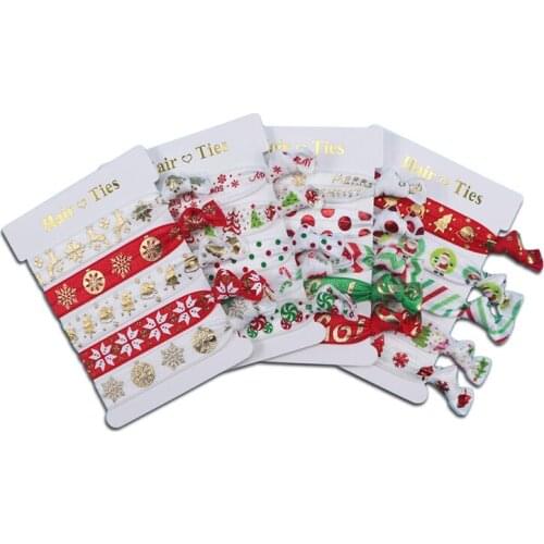 50cards/lot Christmas Gold Foil Fold Over Elastic Headband Hair Tie FOE Ponytail Holders For Girls headwear accessories